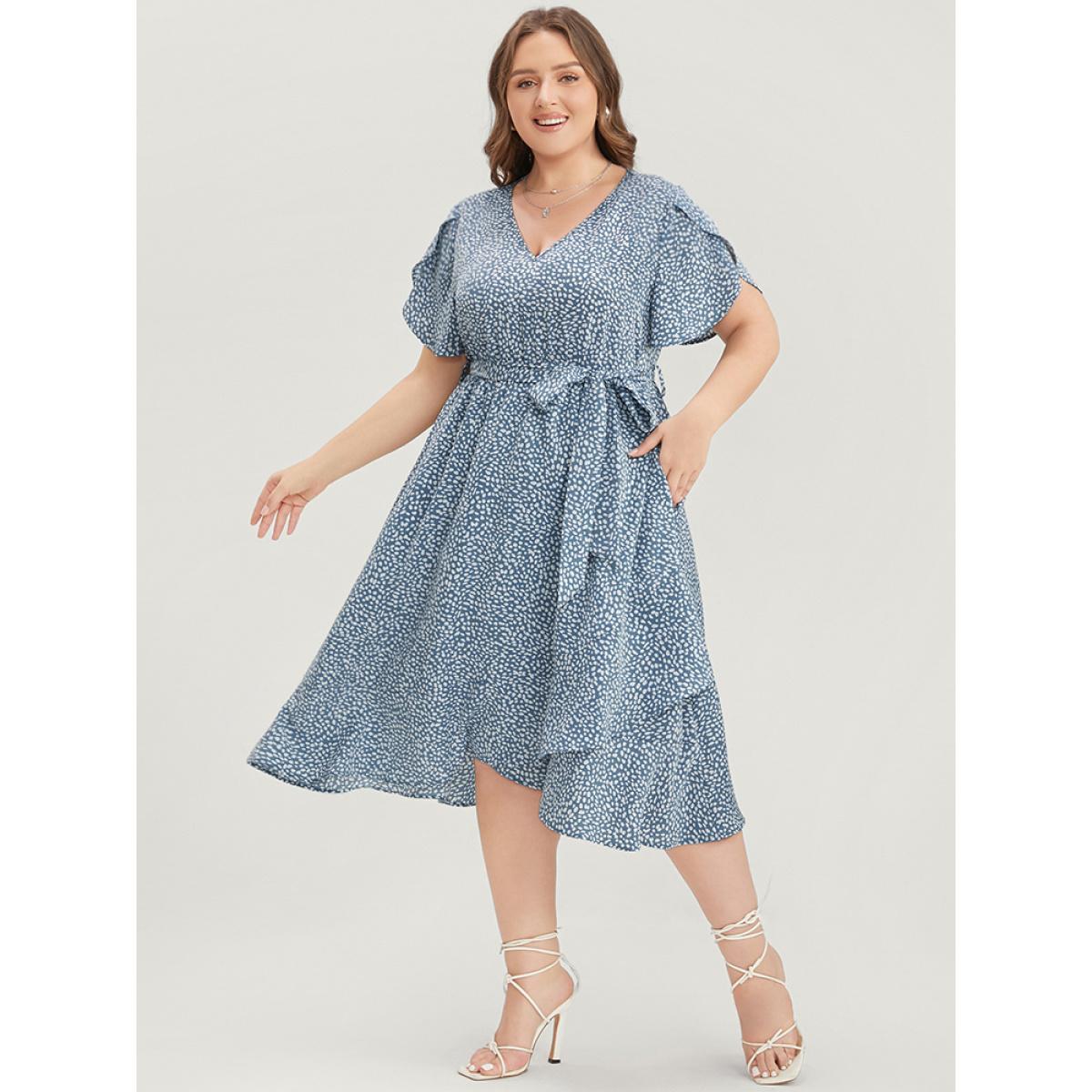 Plus Size Polka Dot Split Sleeve Ruffle Pocket Belted Asymmetrical Hem Dress LightBlue Women Elegant Cross straps V-neck Short sleeve Curvy Midi Dress BloomChic 14-16/1X Product Image