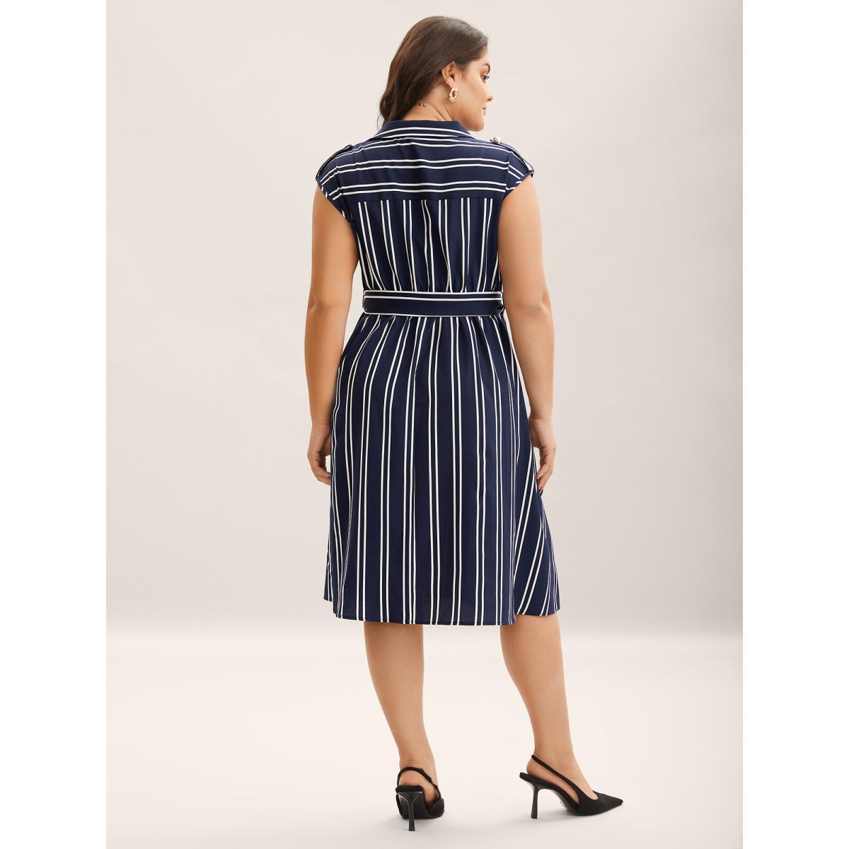 Plus Size Stripe Print Zipper Belted Midi Dress Navy Women Shirt collar Sleeveless Curvy BloomChic 28/5X Product Image