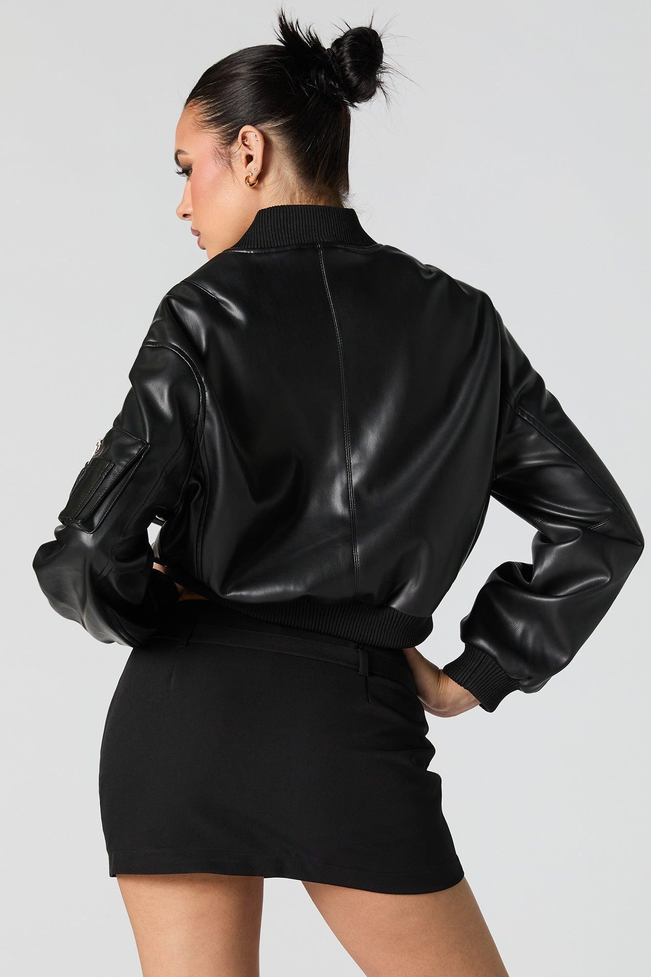 Faux Leather Cropped Bomber Jacket Female Product Image