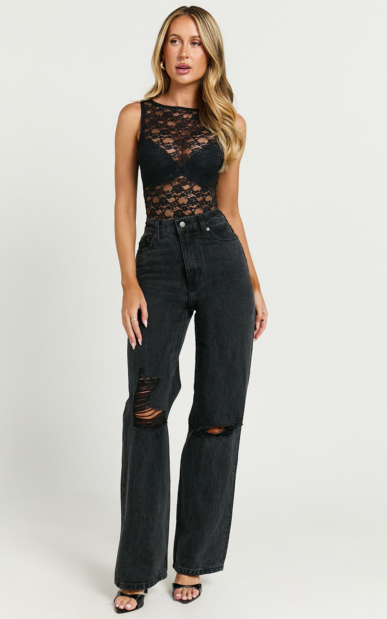 Miho Jeans - High Waisted Recycled Cotton Distressed Straight Leg Denim Jeans in Washed Black Product Image