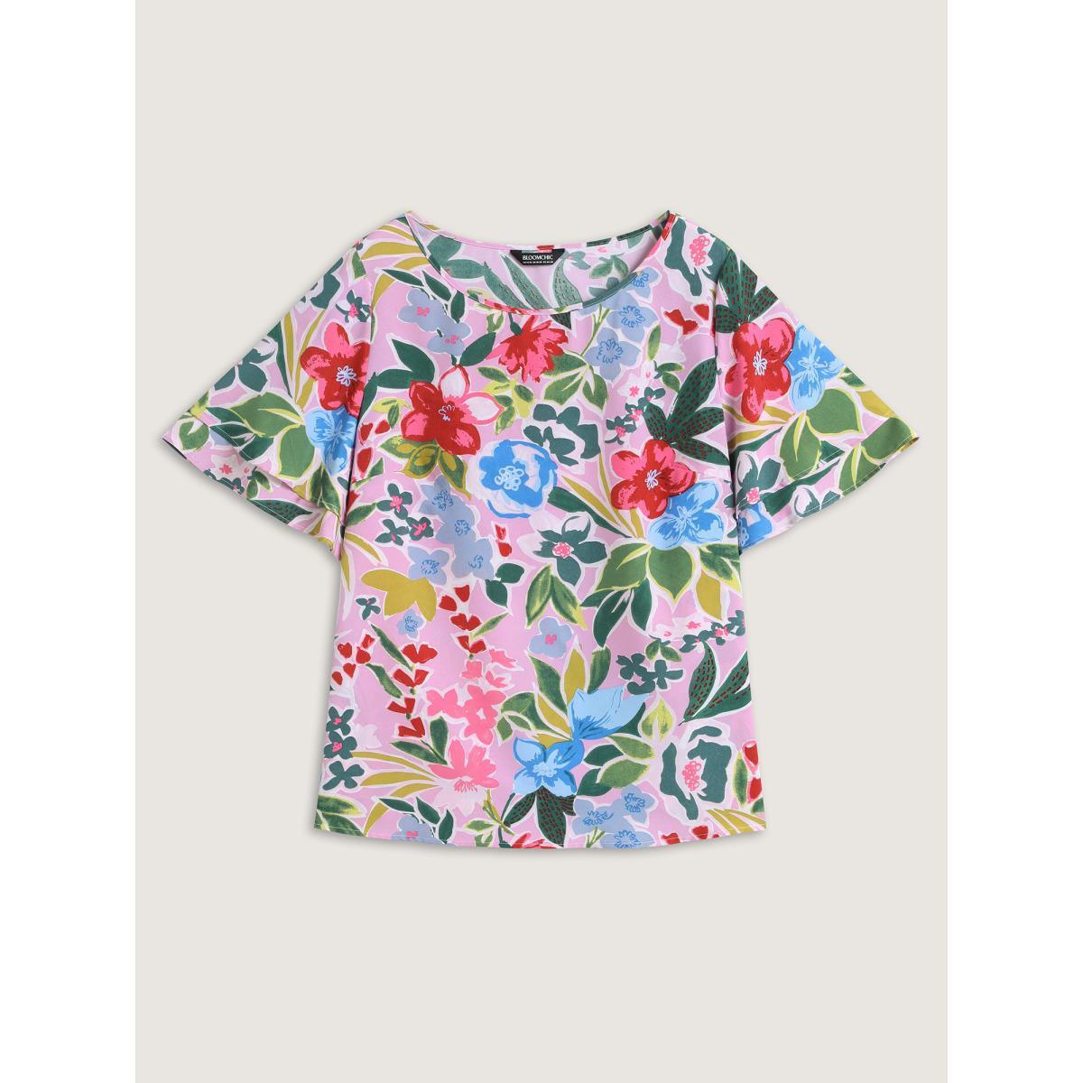 Plus Size Multicolor Sunkissed Floral Lotus Leaf Sleeve Blouse Women Half Sleeve Round Neck Everyday-Elegant Blouses BloomChic 22-24/3X Product Image