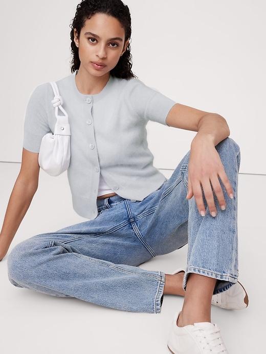 Lightweight Brushed Cashmere Short-Sleeve Cardigan Sweater Product Image