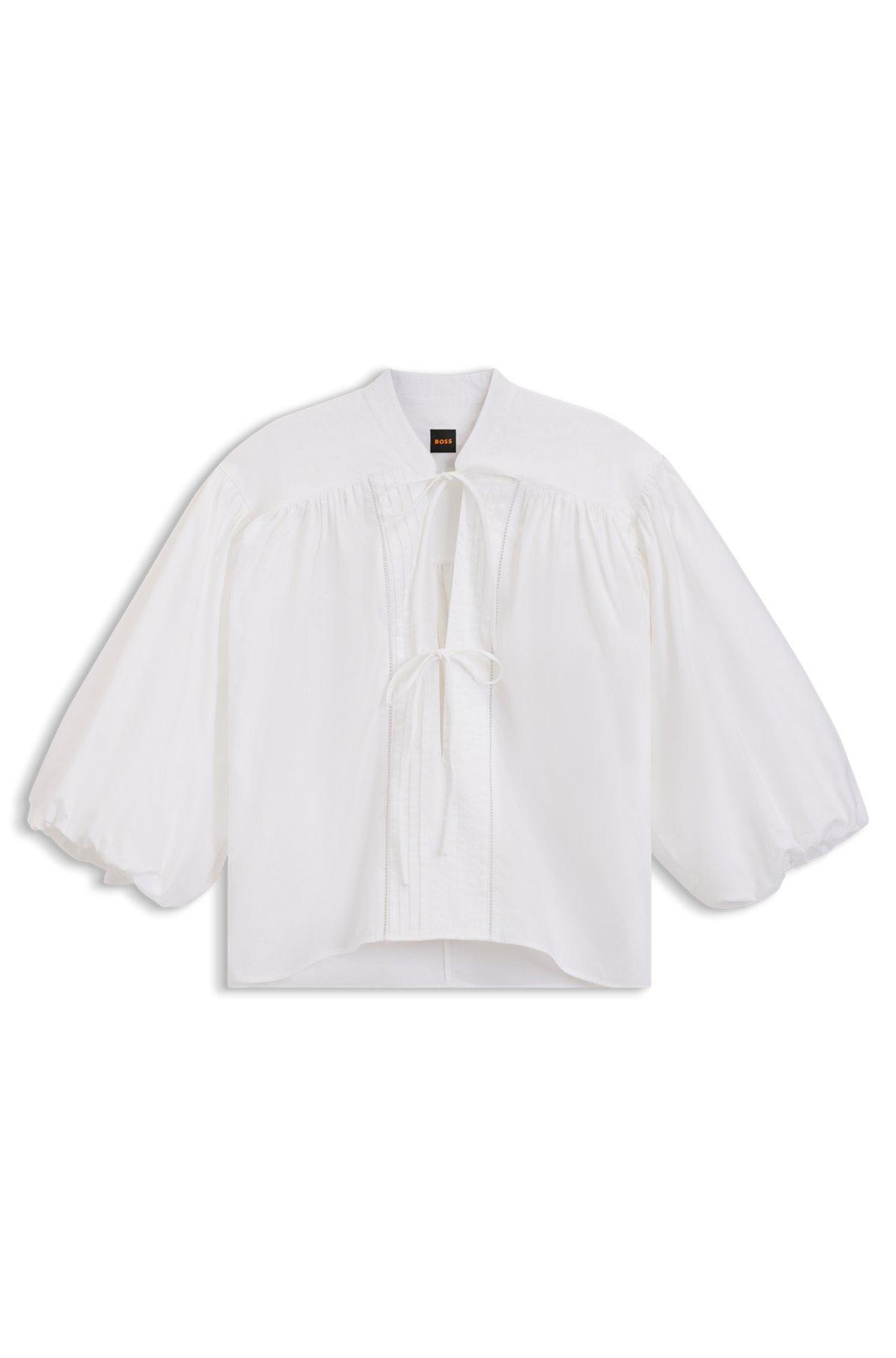 BOSS - Relaxed-fit blouse in cotton poplin with tie neckline - White Product Image