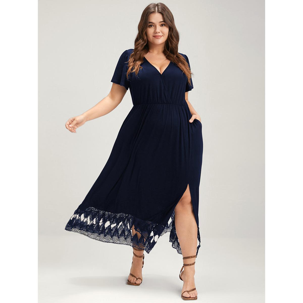 Plus Size Solid Pocket Lace Hem Modal Button Split Wrap Dress Navy Women Elegant Patchwork V-neck Short sleeve Curvy Long Dress BloomChic 10/M Product Image