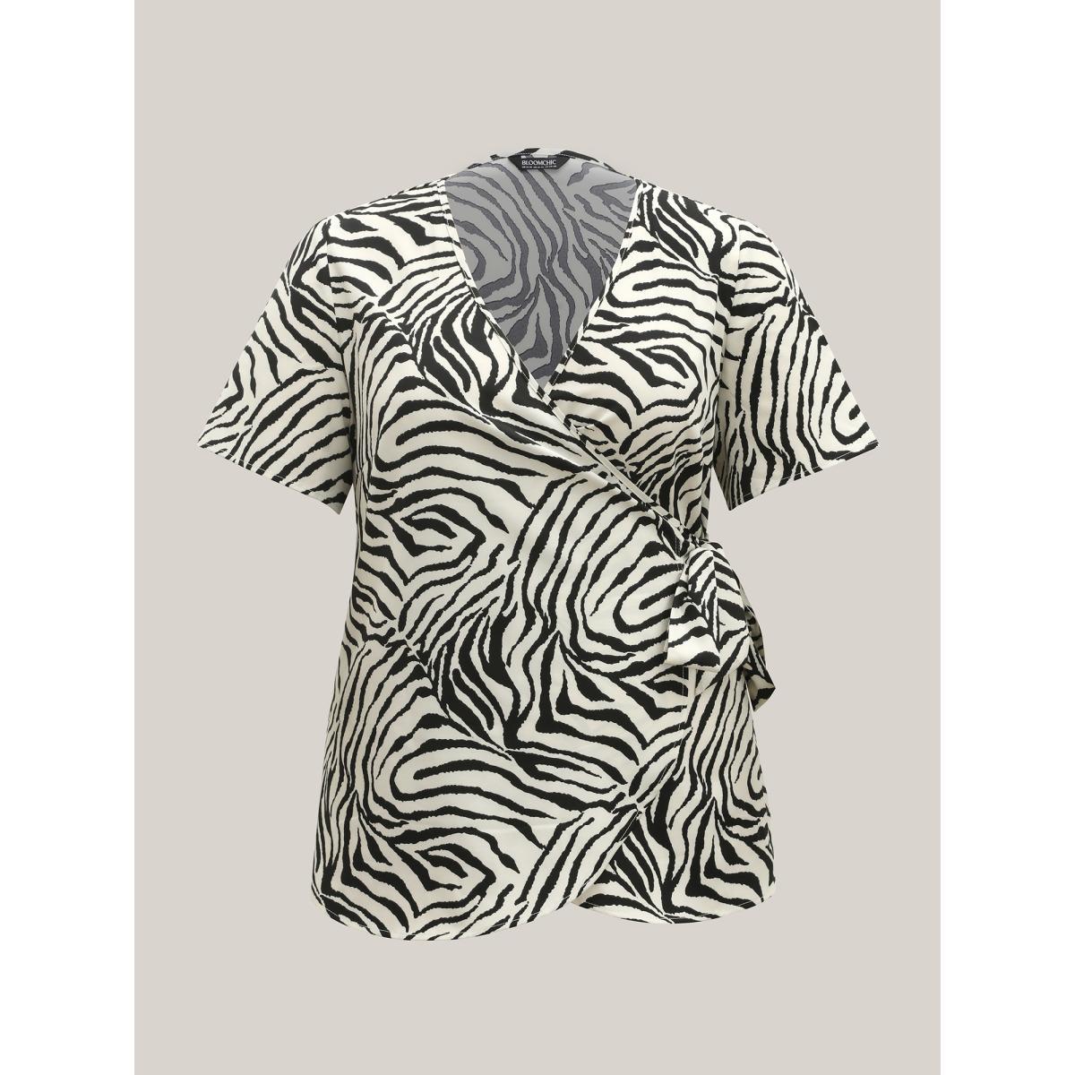 Plus Size Originalwhite Zebra Print Wrap Tie Flowy Blouse Women Short sleeve Overlap Collar Work Blouses BloomChic 14-16/1X Product Image