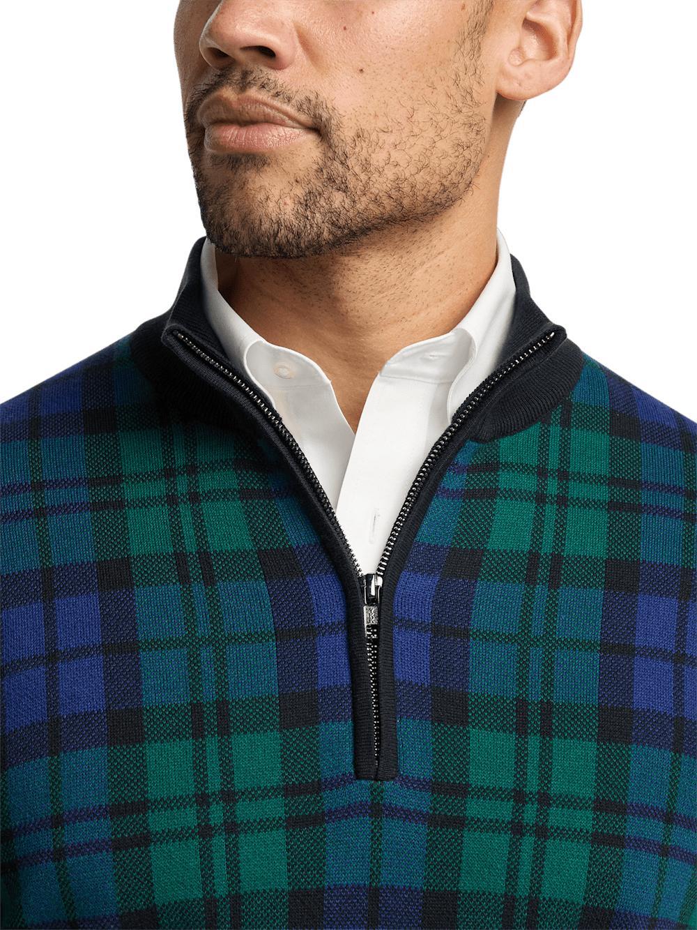 Cotton Quarter Zip Mock Neck Sweater - Green Product Image