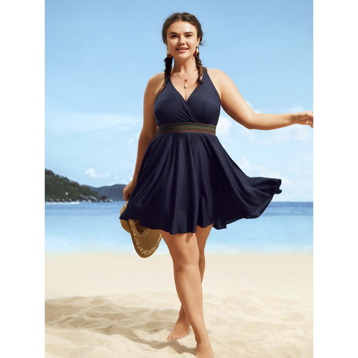 Plus Size Overlap Collar Textured Gathered Pocket Swim Dress Women's Swimwear Midnight Beach Bodycon Overlap Collar High stretch Curve Swim Dresses BloomChic 12/L Product Image