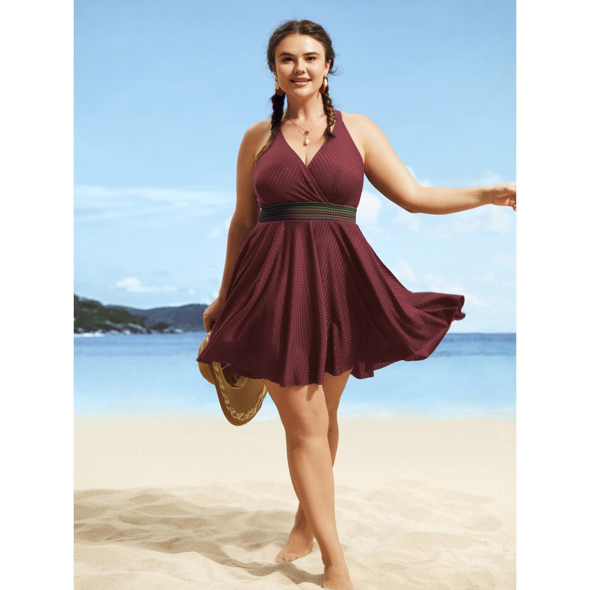 Plus Size Overlap Collar Textured Gathered Pocket Swim Dress Women's Swimwear Deepred Beach Bodycon Overlap Collar High stretch Curve Swim Dresses BloomChic 18-20/2X Product Image