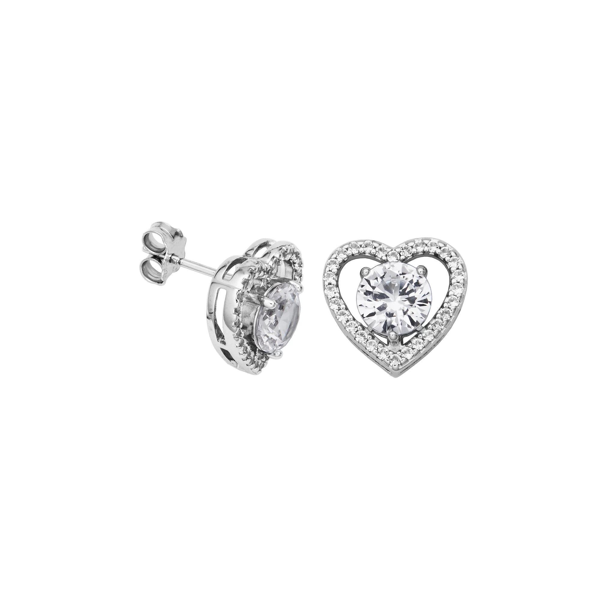 Sterling Silver Lab-Created White Sapphire Halo Heart Stud Earrings, Women's Product Image