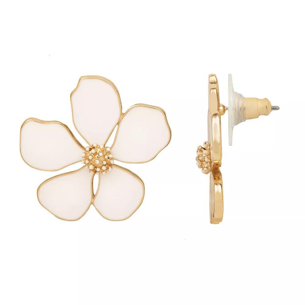 Emberly Gold Tone Large Enamel Flower Post Earrings, Women's, White Product Image