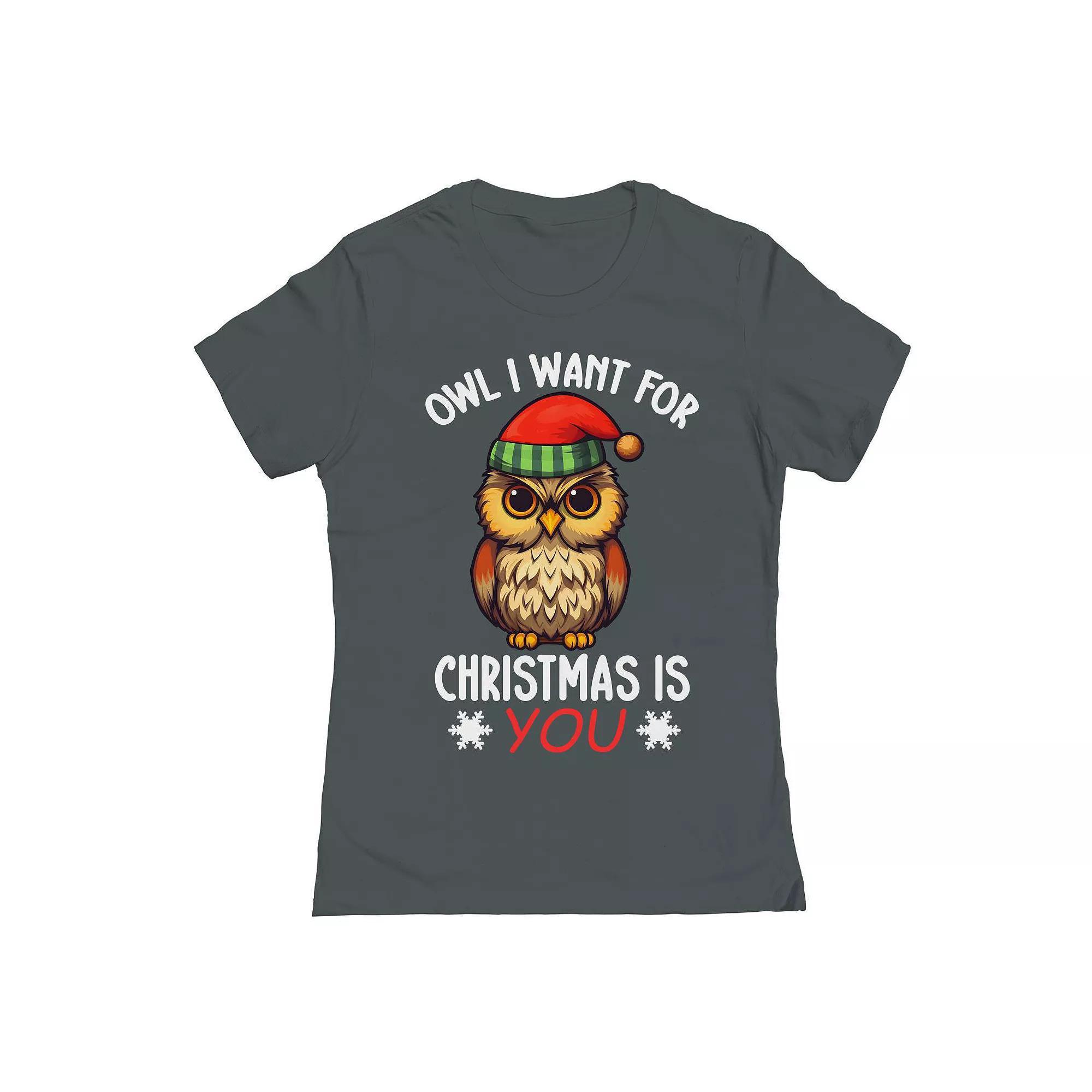 Junior's Owl Want Christmas You Graphic Tee, Women's, Size: Small, Heavy Grey Product Image