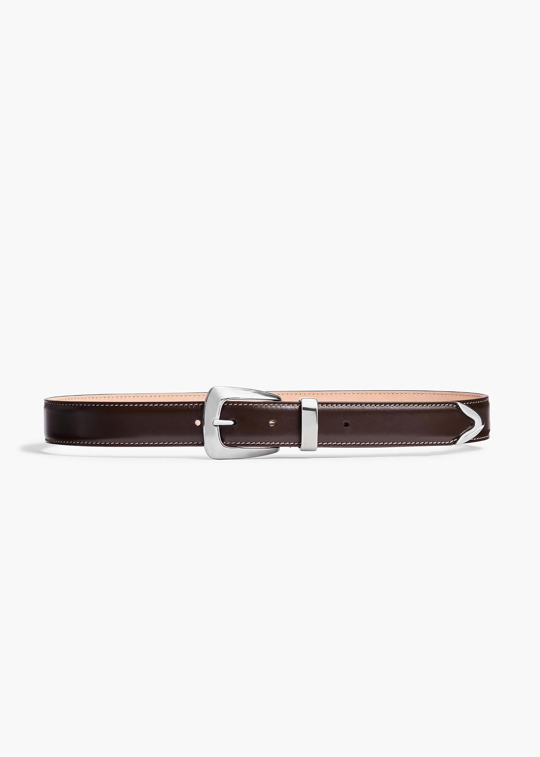 Benny Belt in Dark Brown Leather and Off-White Stitching with Silver Product Image