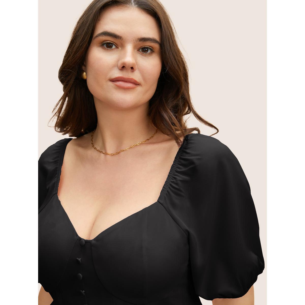 Plus Size Black Solid Heart Neckline Pleated Button Detail Blouse Women Elegant Short sleeve Heart neckline Everyday Blouses BloomChic 30/6X Product Image