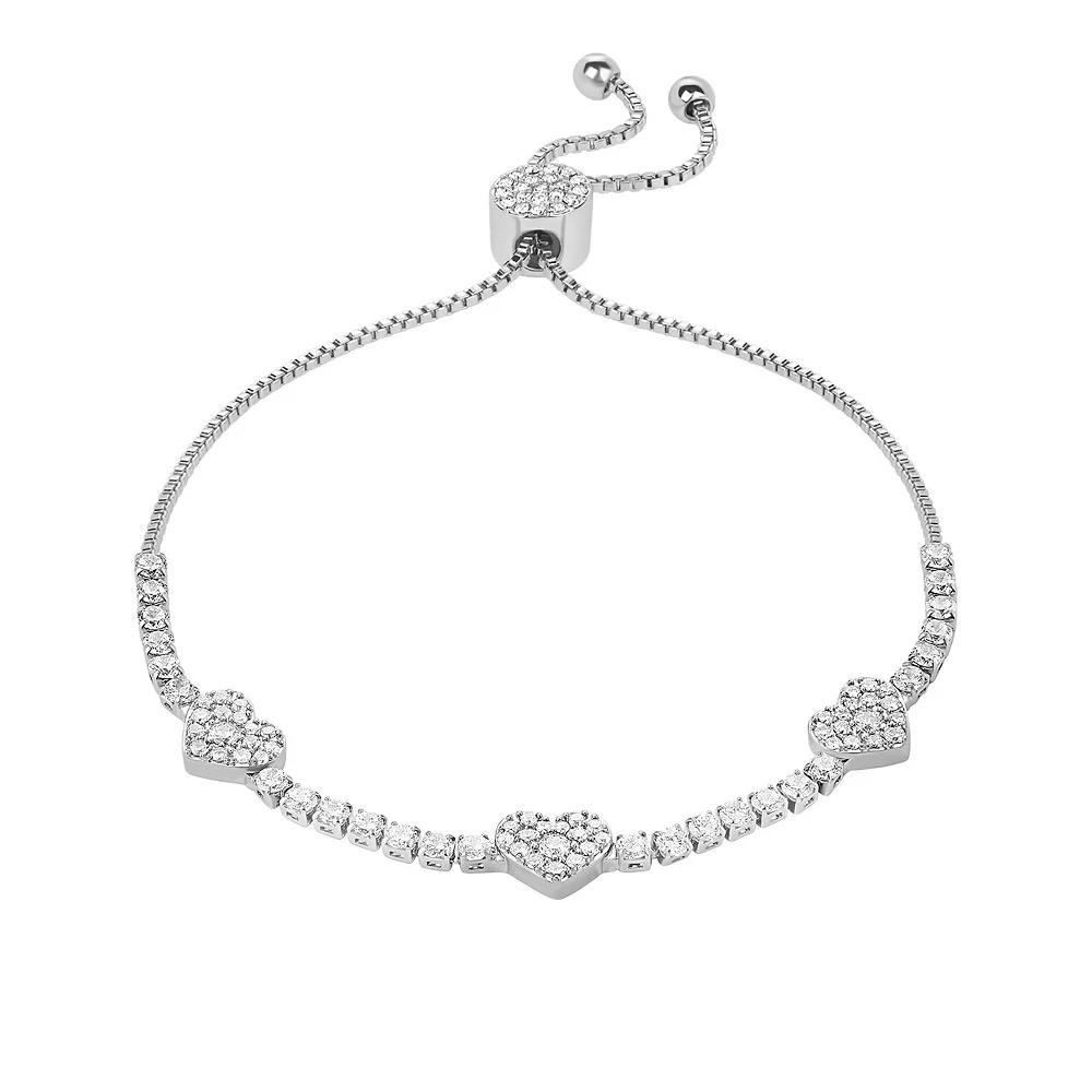 Brilliance Fine Silver Plated Cubic Zirconia Triple Heart Adjustable Bracelet, Women's, Size: 4-10" ADJ, Silver Tone Clear Product Image
