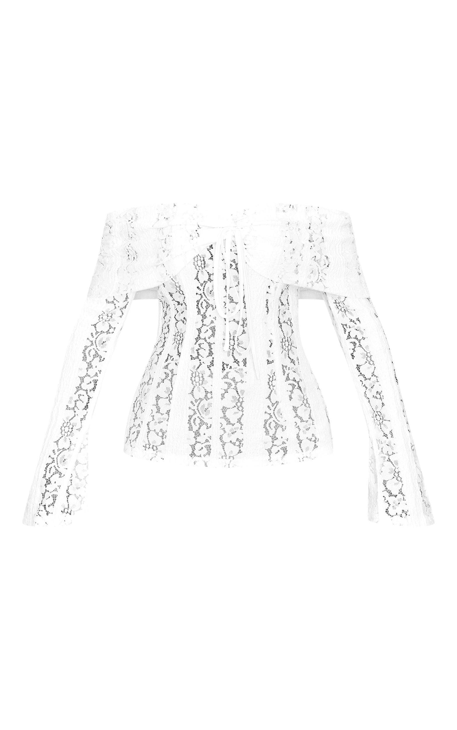 White Fitted Lace Flared Sleeve Bardot Top Product Image