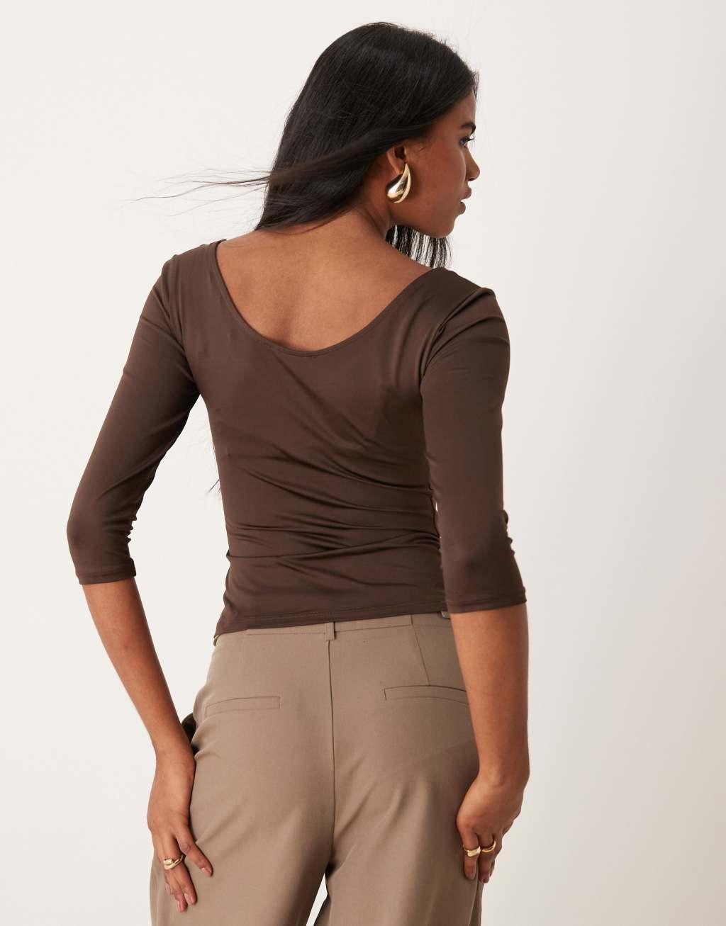 Mango soft touch scoop neck t-shirt in brown Product Image