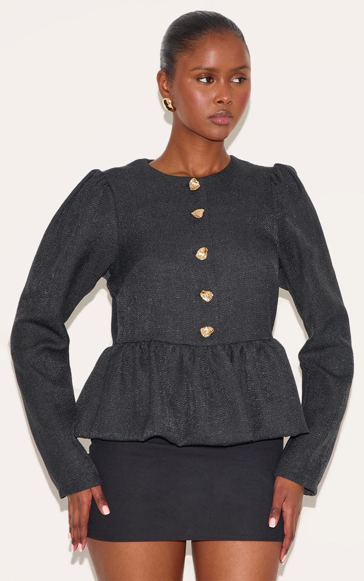 Black Button Up Peplum Balloon Sleeve Jacket Product Image