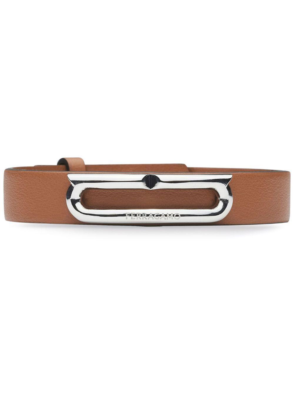 FERRAGAMO Gancio Ellipse Leather Bracelet In Brown Product Image