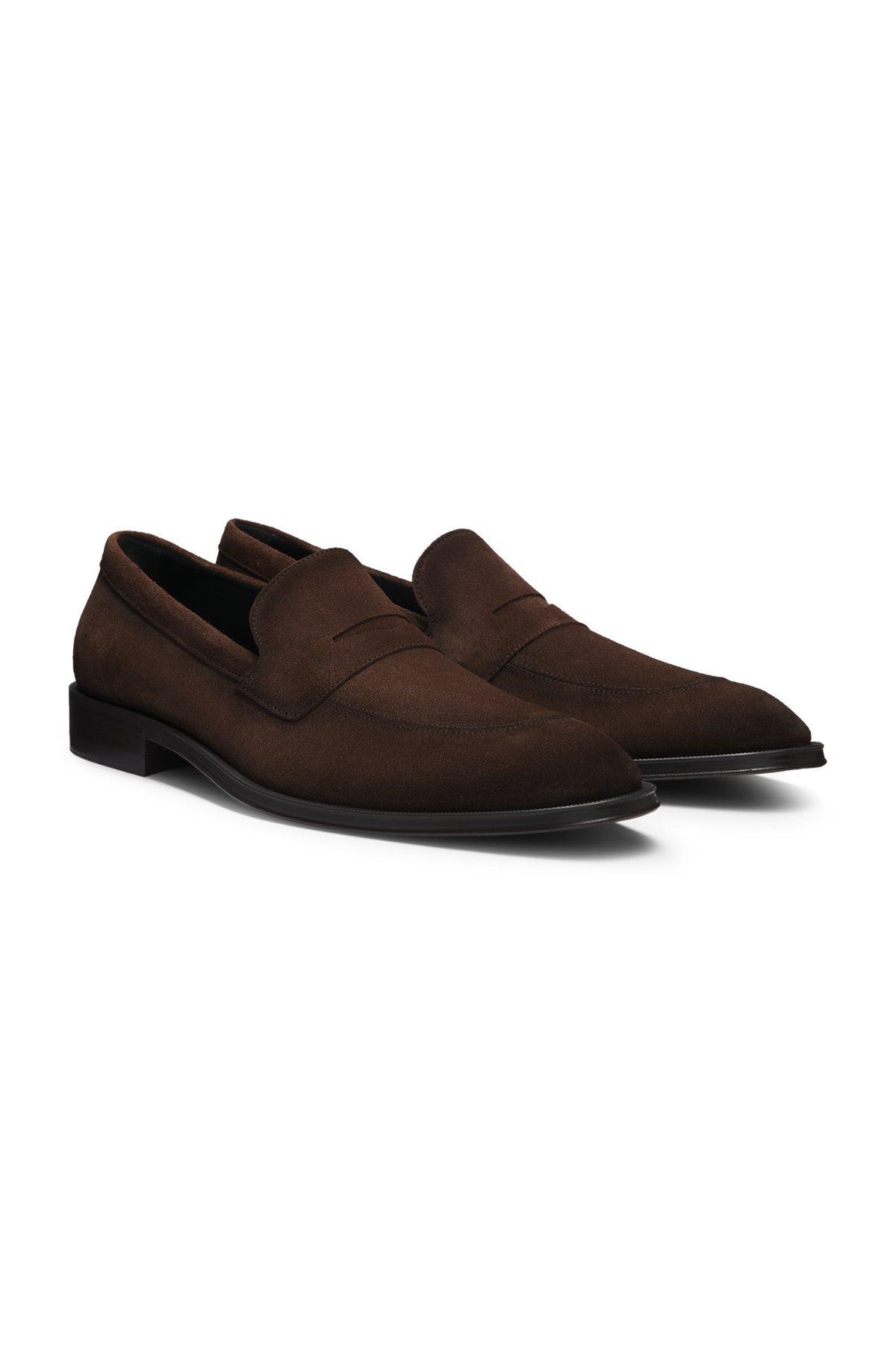 BOSS - Italian-made suede loafers with penny trim - Dark Brown Product Image