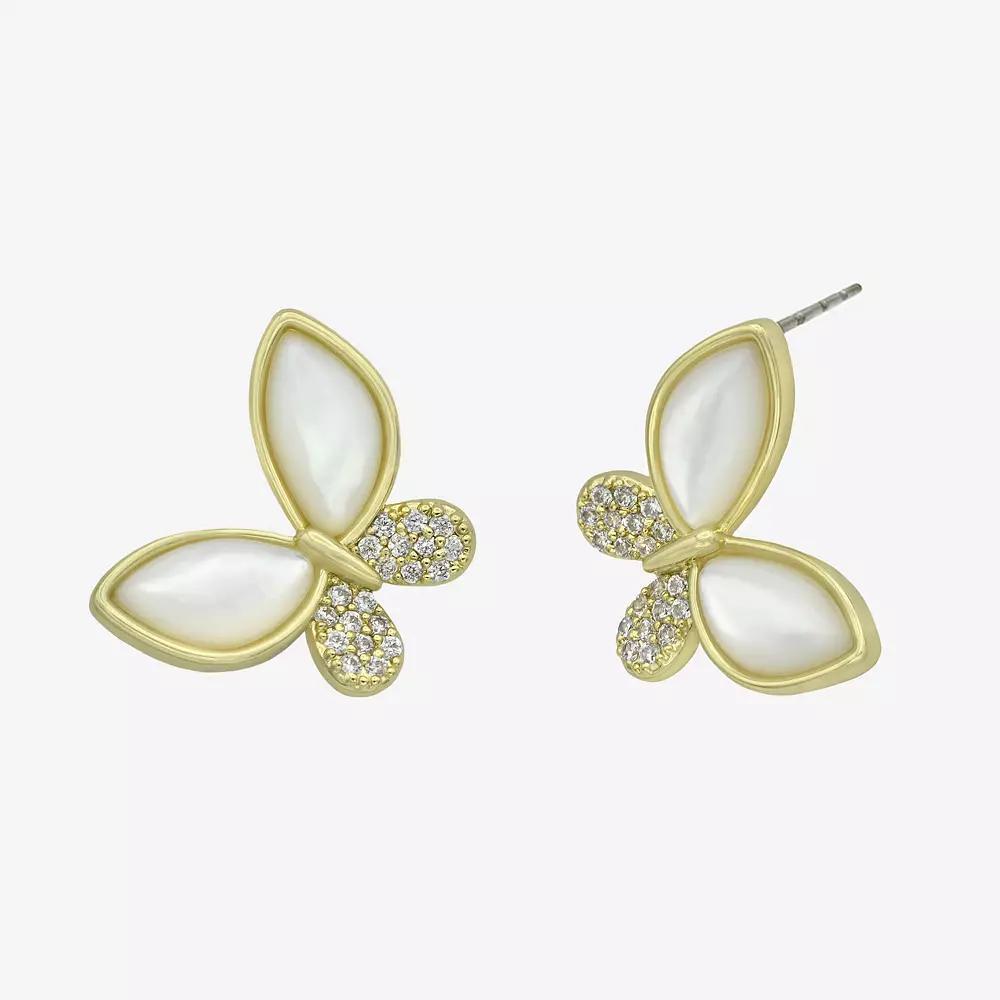 City Luxe Gold Tone Mother-of-Pearl & Cubic Zirconia Butterfly Stud Earrings, Women's Product Image