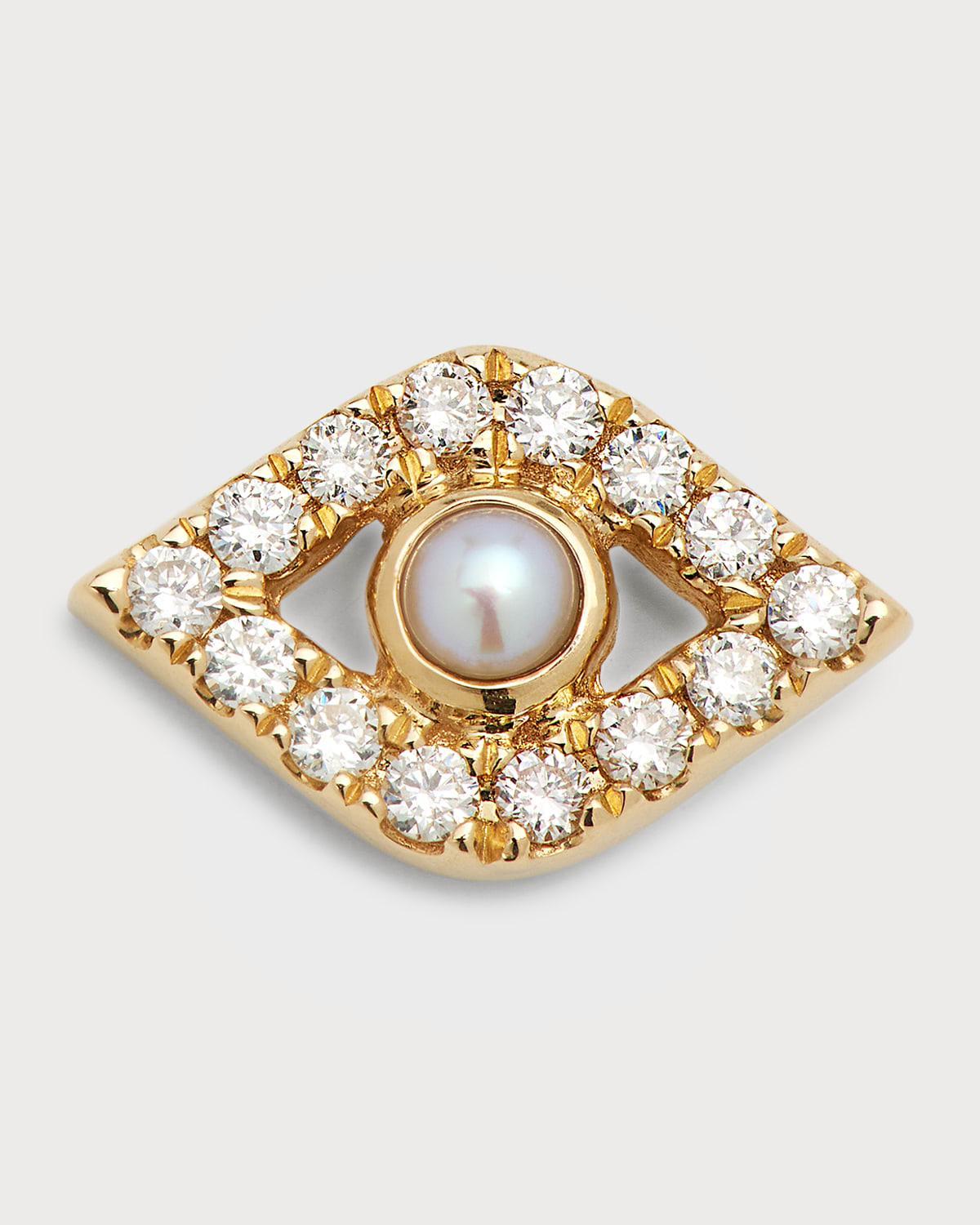 14k Pearl Stud Diamond Evil Eye Earring, Single Product Image