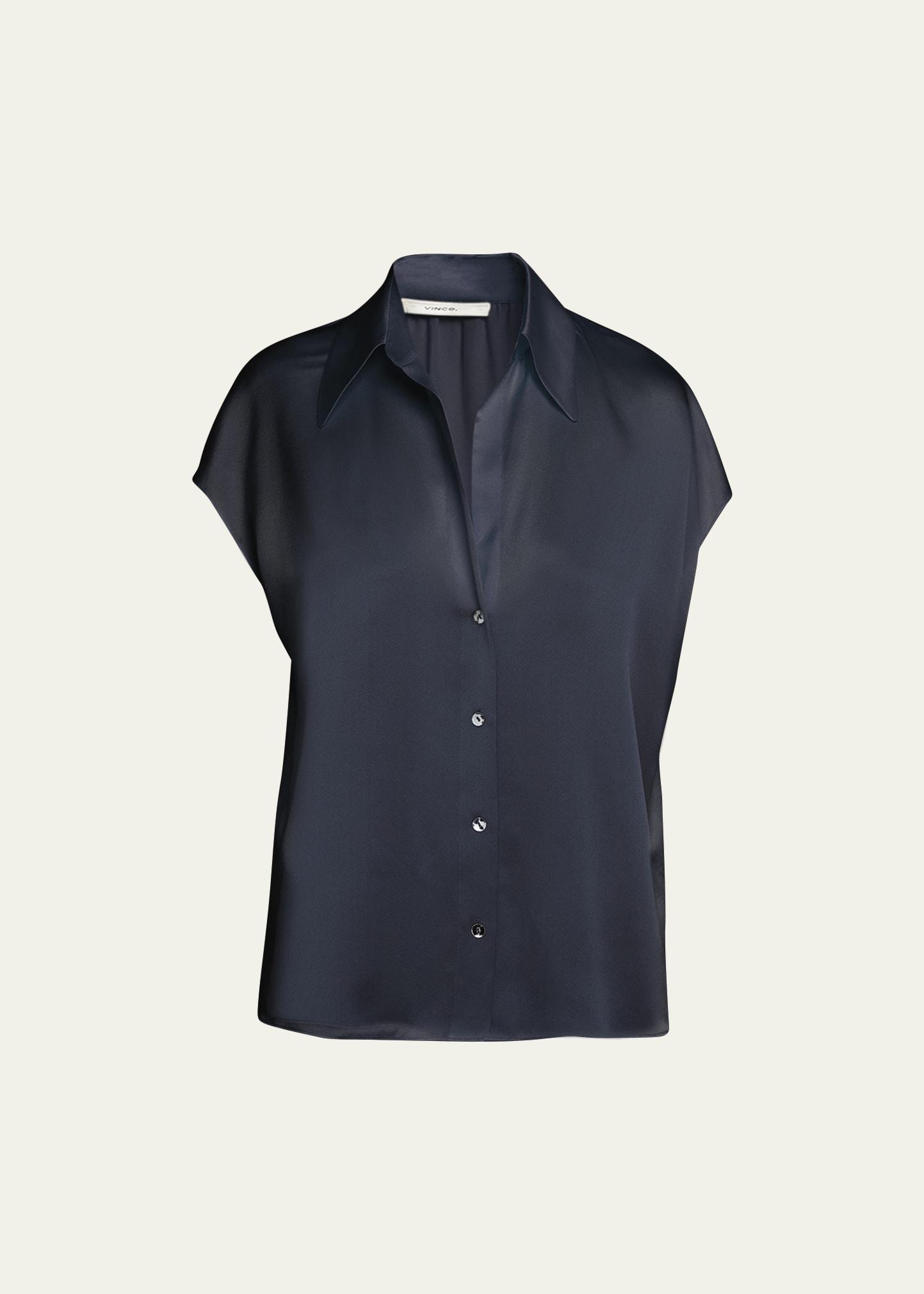 Cap-Sleeve Ruched-Back Silk Blouse Product Image