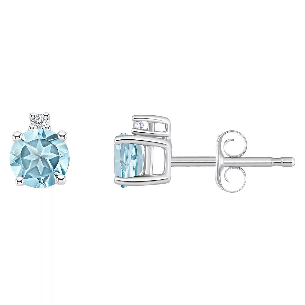 14k White Gold 4 mm Round Birthstone & 1/10 Carat T.W. Diamond Stud Earrings, Women's, Aquamarine Product Image