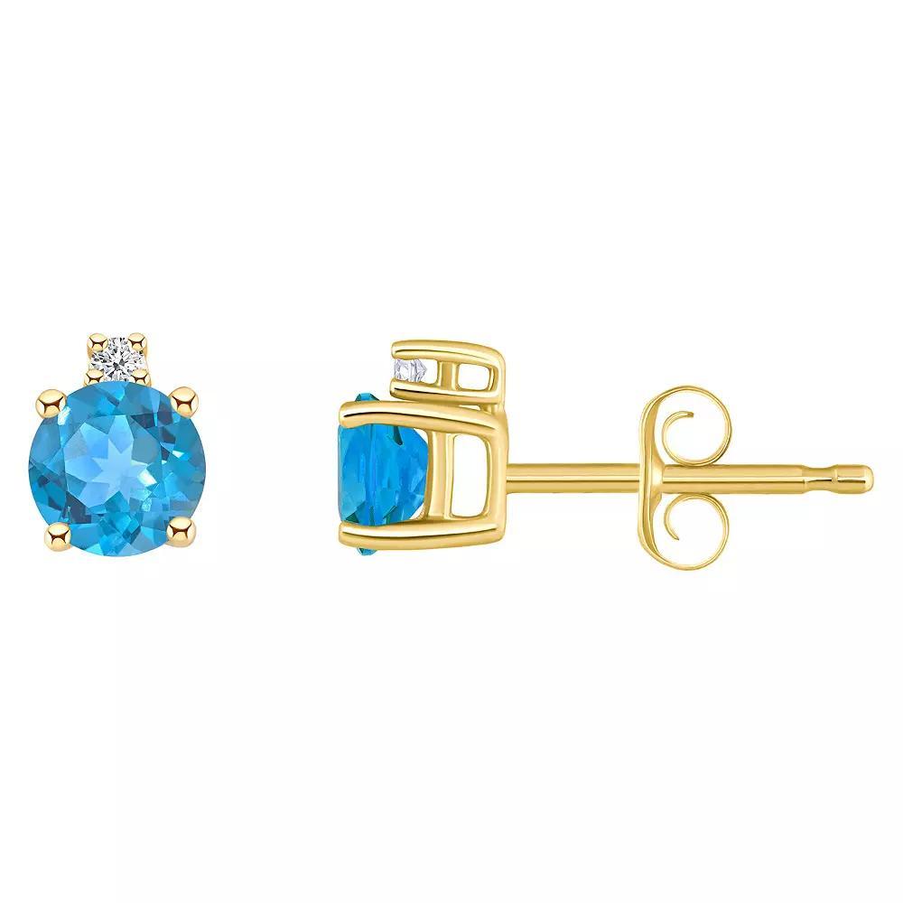 14k Gold 4 mm Round Birthstone & 1/10 Carat T.W. Diamond Stud Earrings, Women's, Blue Topaz Dec Product Image