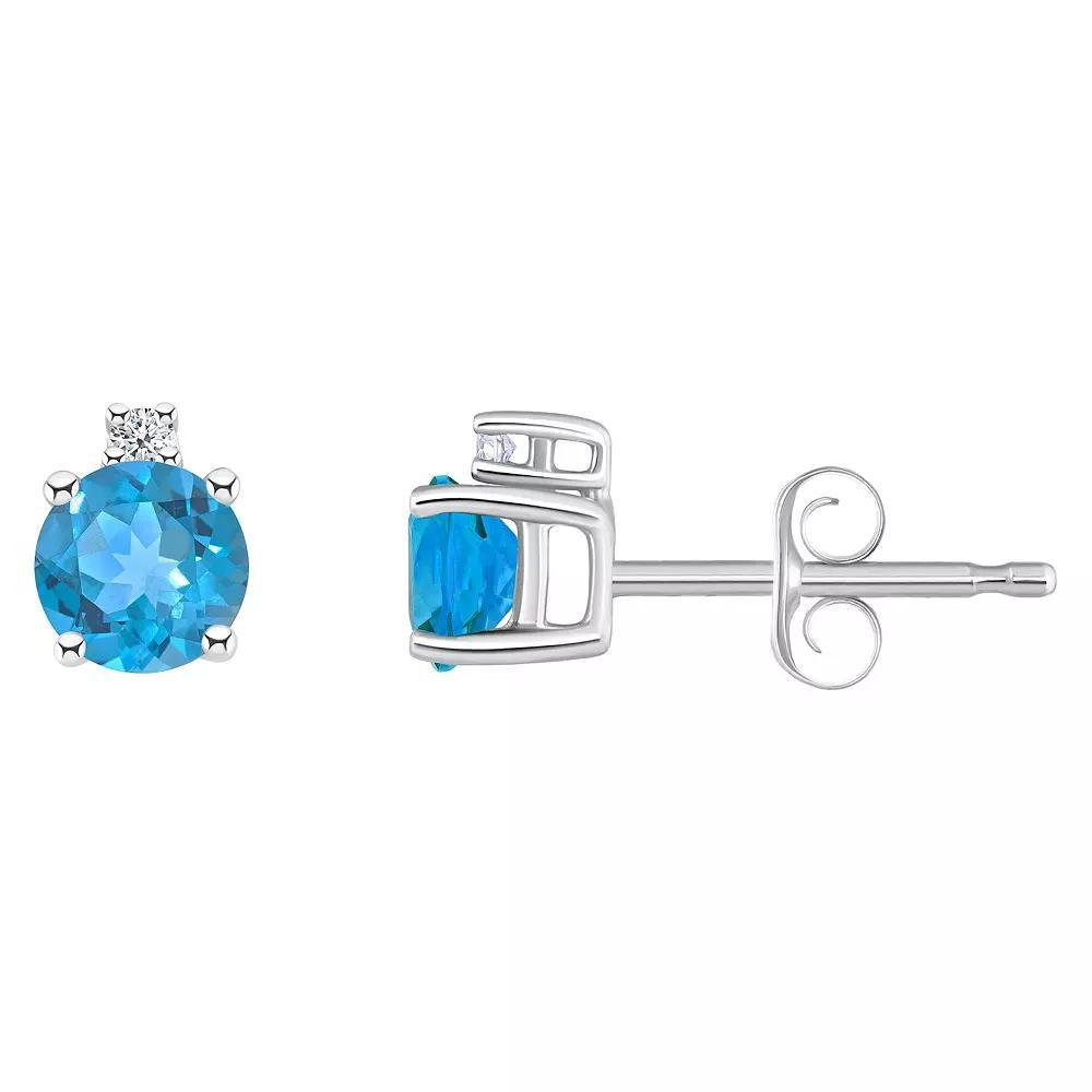 14k Gold 4 mm Round Birthstone & 1/10 Carat T.W. Diamond Stud Earrings, Women's, Blue Topaz Dec Product Image