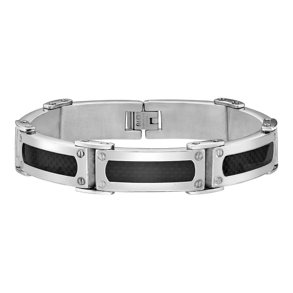Men's LYNX Stainless Steel Black Carbon Fiber Link Bracelet, Size: 8.5" Product Image