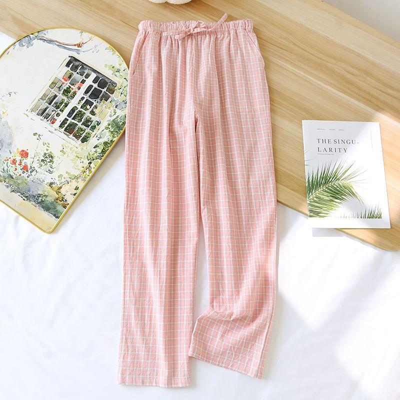 Couple Matching Drawstring Waist Plaid Straight Leg Pajama Pants (Various Designs) Product Image