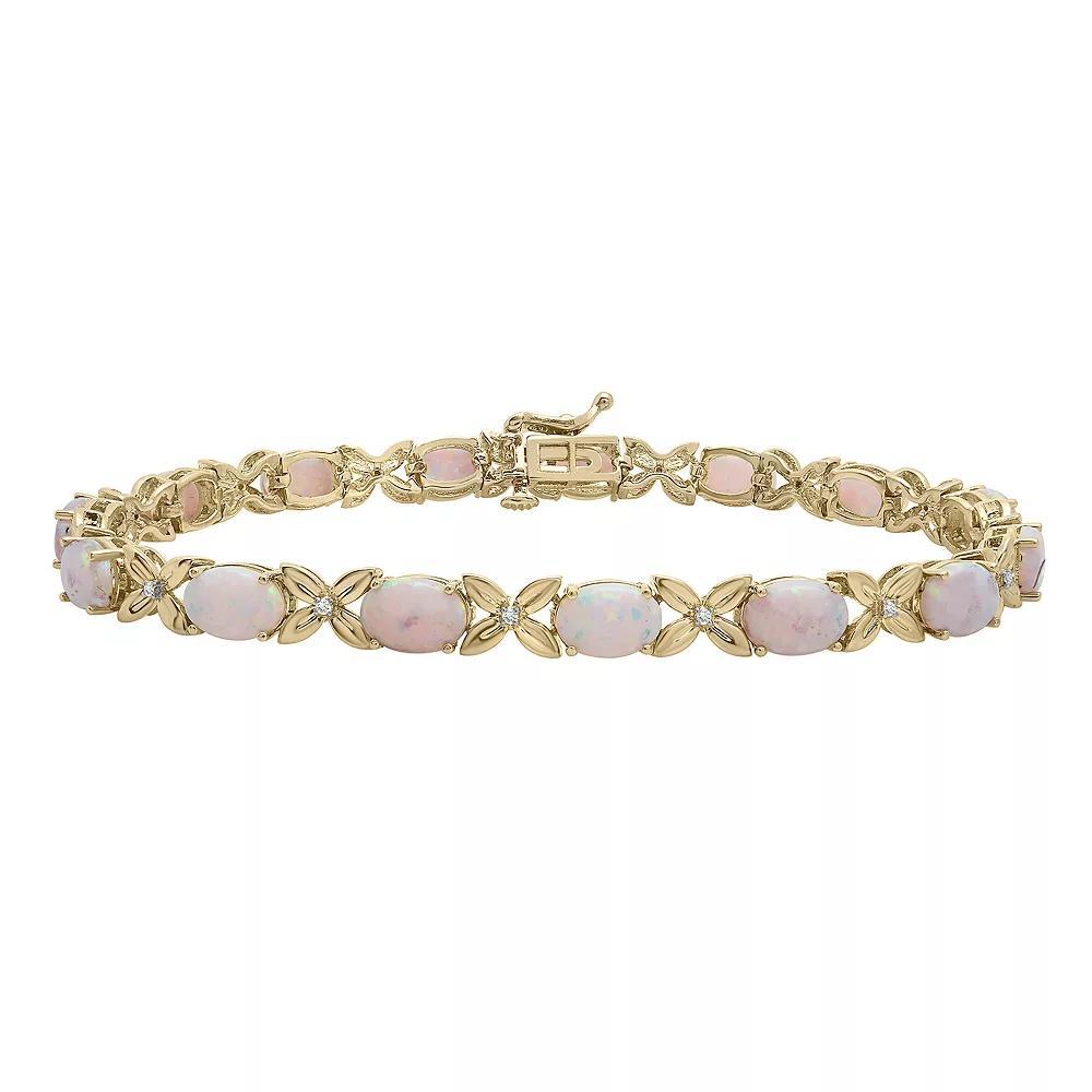 14k Gold Over Silver 1/10 Carat T.W. Diamond & Lab-Created White Opal Link Bracelet, Women's, Size: 7.25", Gold Tone Product Image