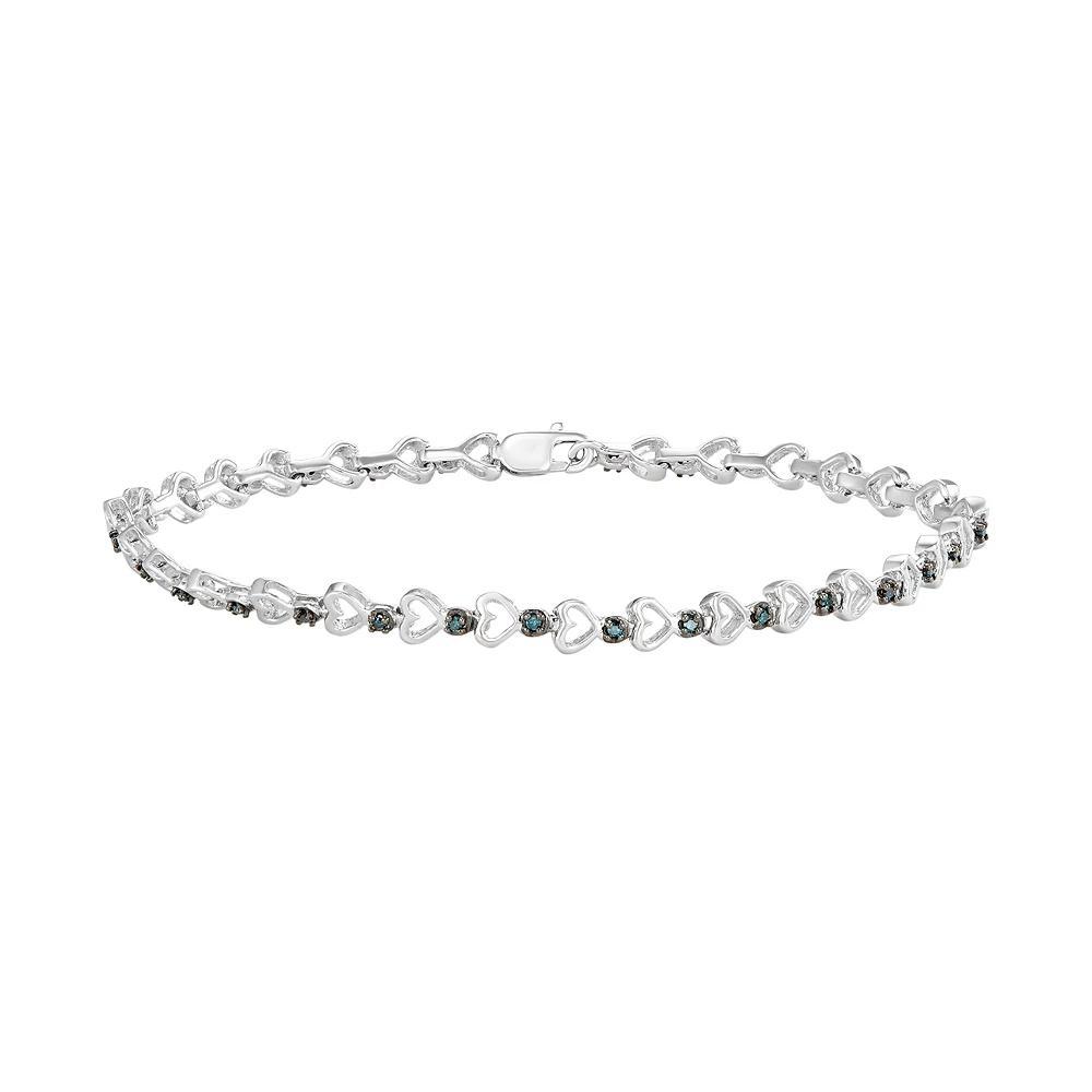 Sterling Silver 1/6 Carat T.W. Blue Diamond Heart Link Bracelet, Women's, Size: 7" Product Image