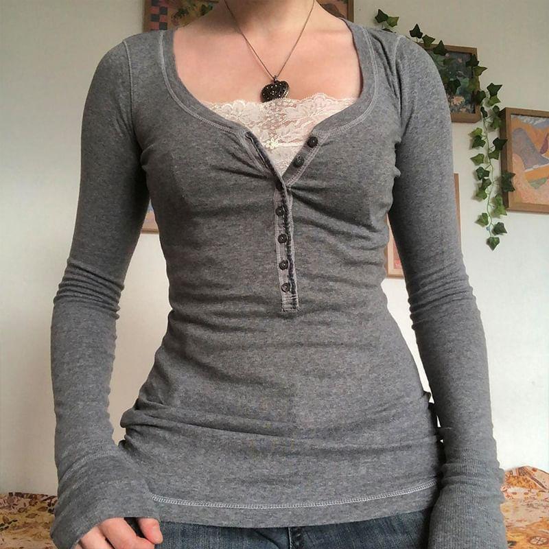 Long Sleeve Mock Two Piece Lace Panel Slim-Fit T-Shirt Product Image