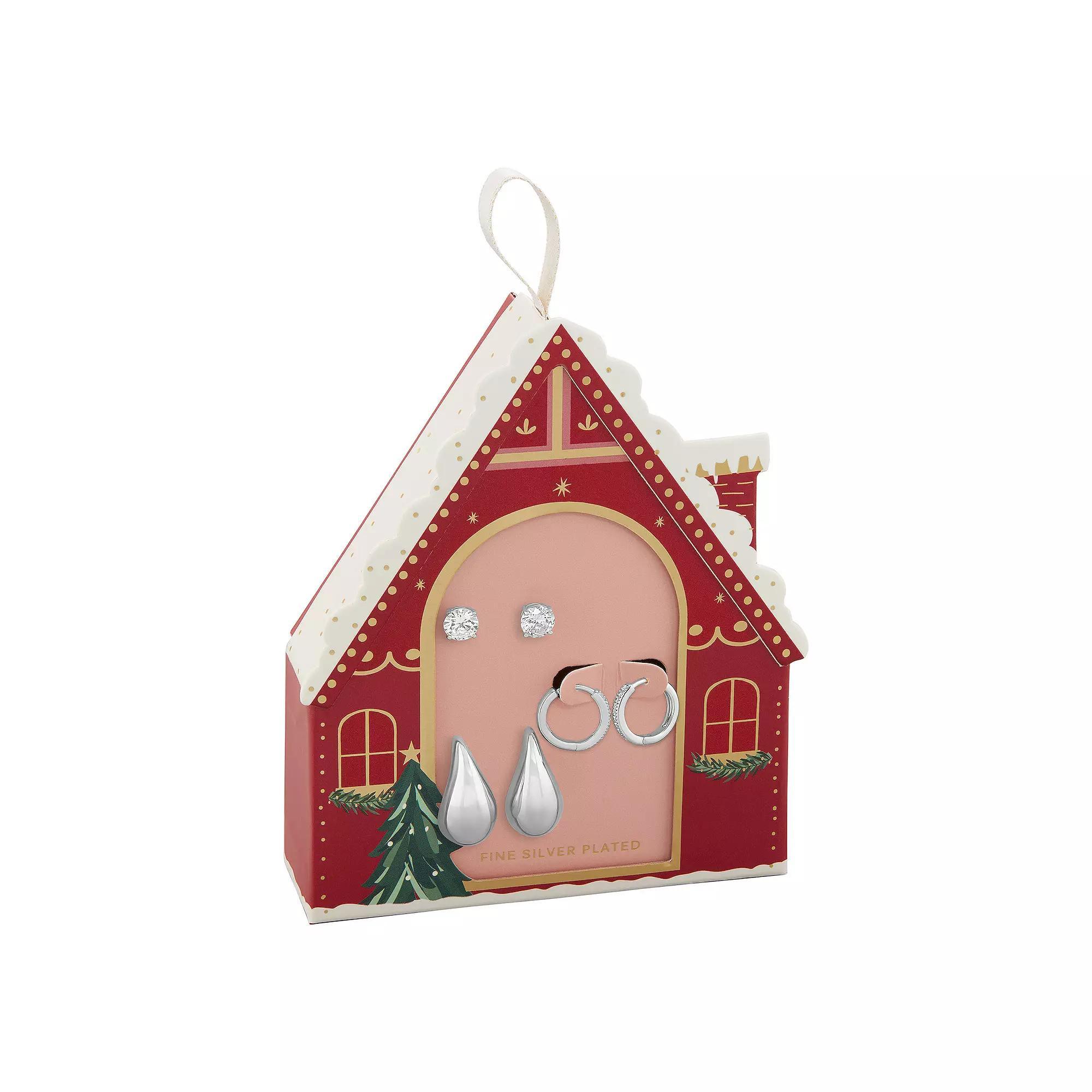 Brilliance Cubic Zirconia Stud & Hoop Earrings Gingerbread House Box Trio Set, Women's, Silver Tone White Product Image