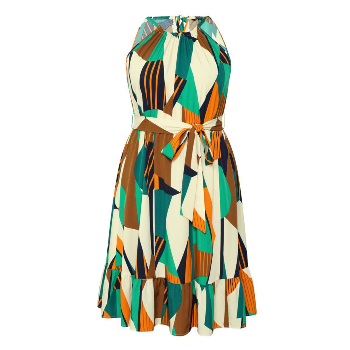 Plus Size Geometric Contrast Keyhole Knot Pocket Belt Halter Dress Multicolor Women Elegant Non Halter neck Sleeveless Curvy Midi Dress BloomChic 12/L Product Image