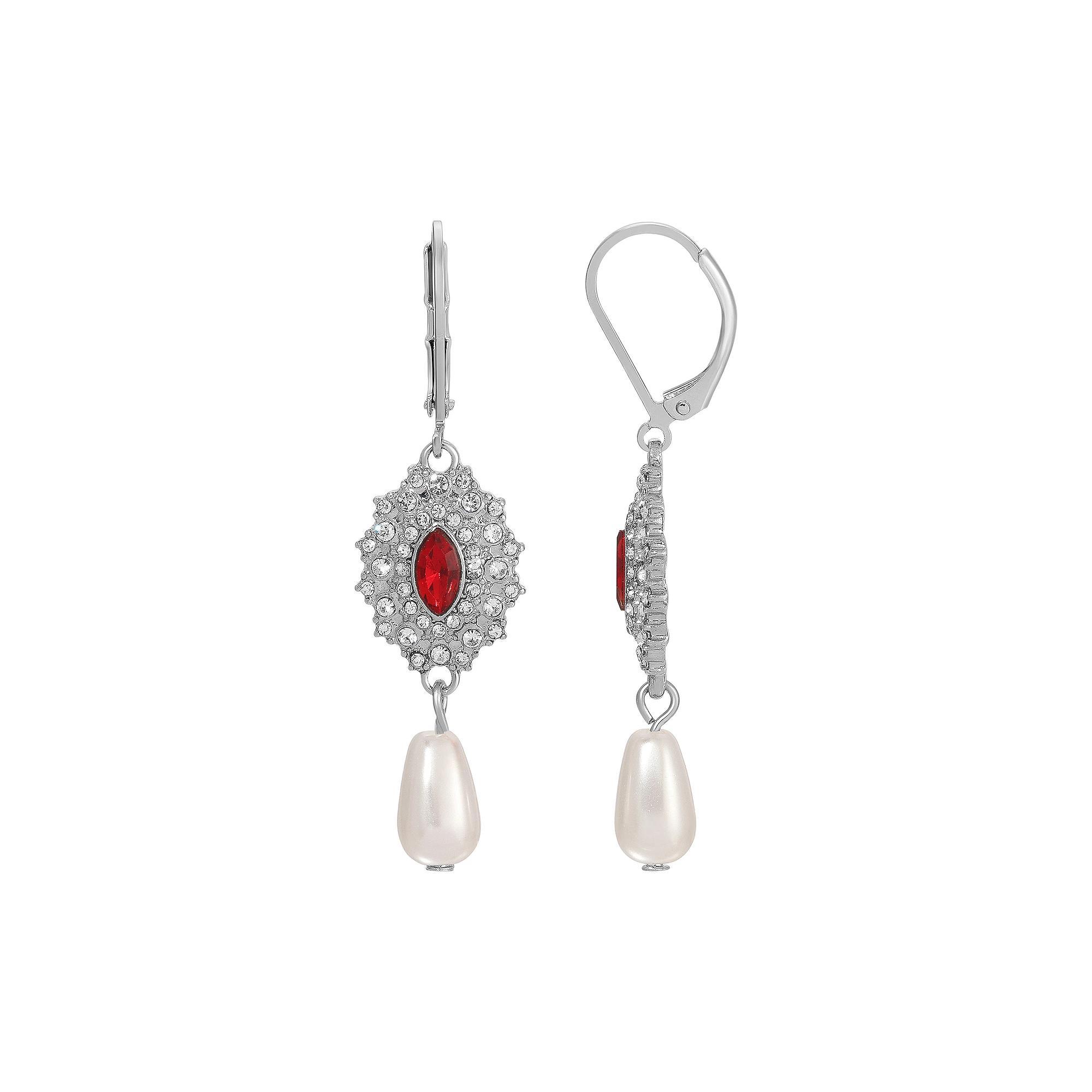 1928 Silver Tone Crystal & Simulated Pearl Starburst Drop Earrings, Women's, Red Product Image