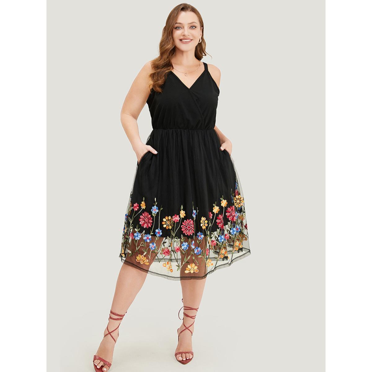 Plus Size Floral Embroidered Mesh Overlay Pocket Wrap Dress Black Women Glamour Lined Spaghetti Strap Sleeveless Curvy Midi Dress BloomChic 10/M Product Image