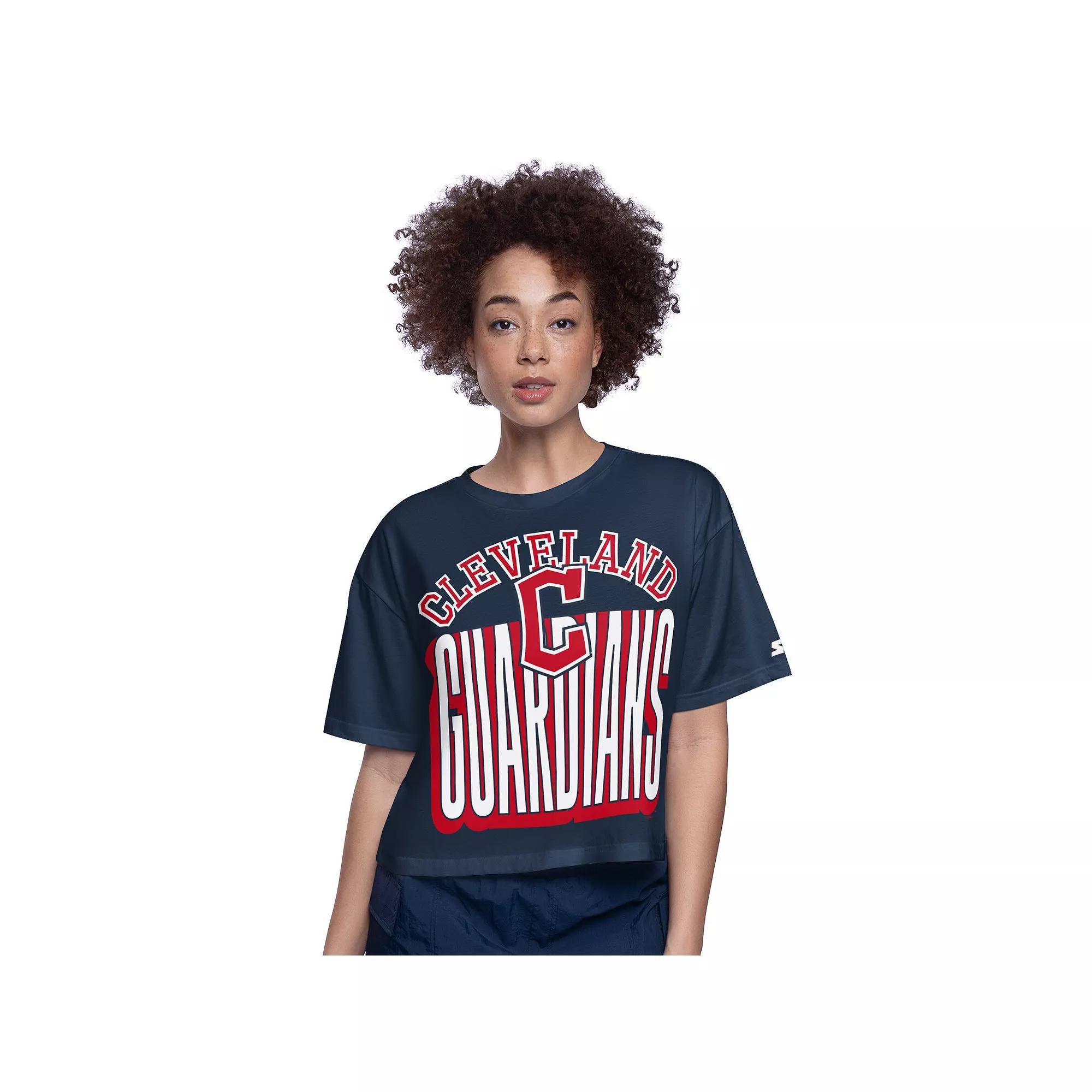 Women's Starter Navy Cleveland Guardians Play the Ball Boxy Cropped T-Shirt, Size: XXL, Grd Blue Product Image
