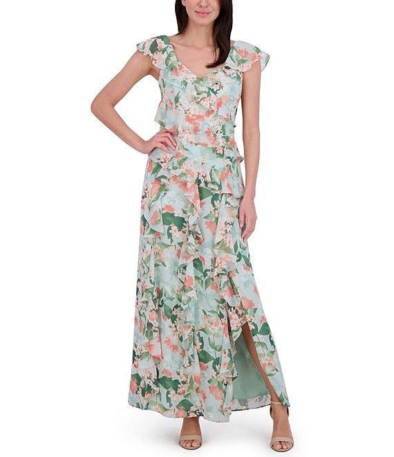 Eliza J Chiffon Floral Print V Neck Cap Sleeve Ruffle Fit and Flare Gown Product Image