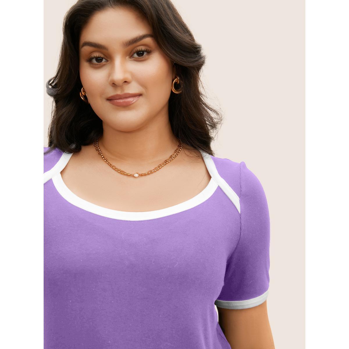 Plus Size Asymmetrical Neck Contrast Trim Pit Strip T-shirt Lilac Women Elegant Contrast Asymmetrical Neck Bodycon Everyday T-shirts BloomChic 12/L Product Image