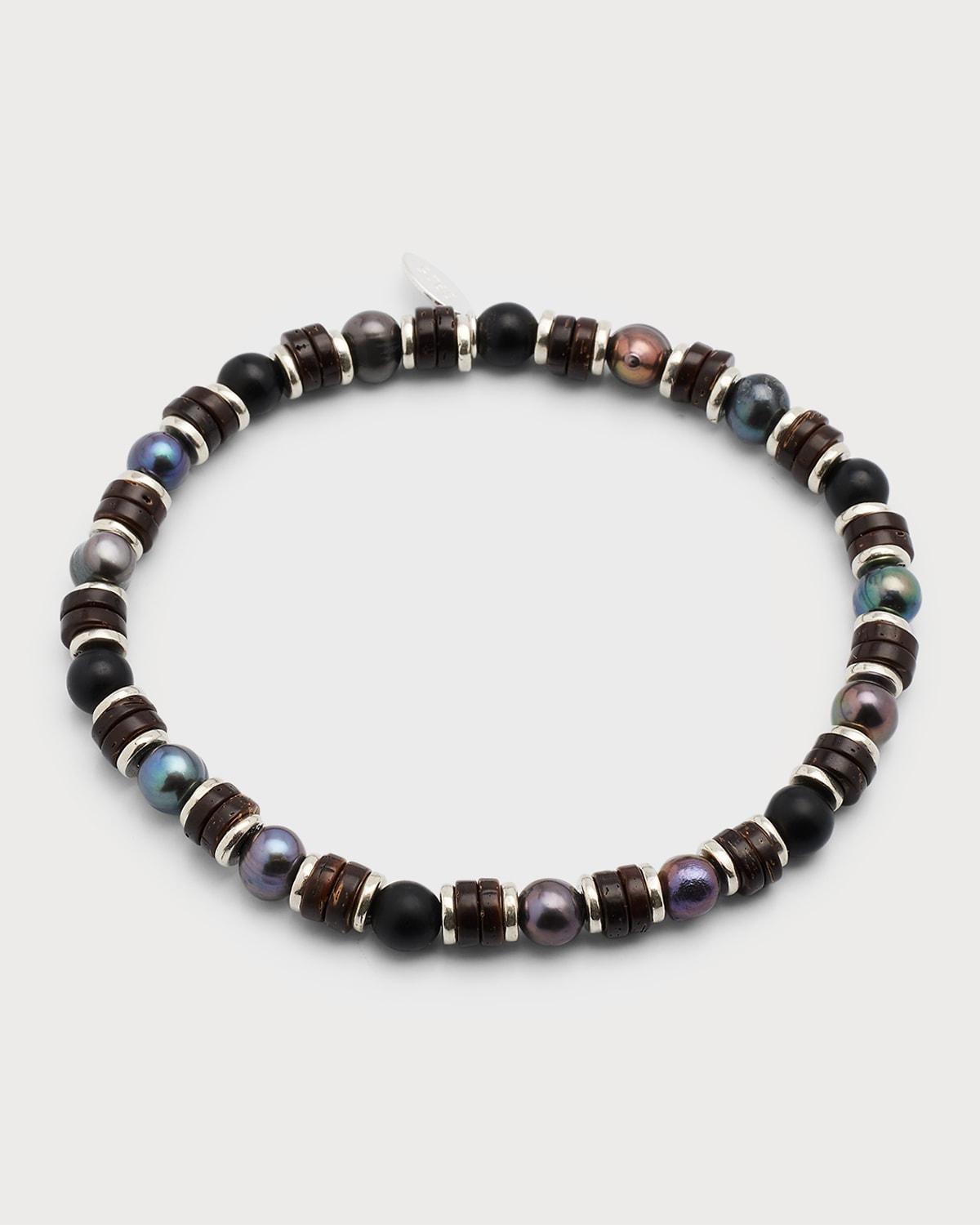 Mens Grey Freshwater Pearl and Agate Beaded Bracelet Product Image
