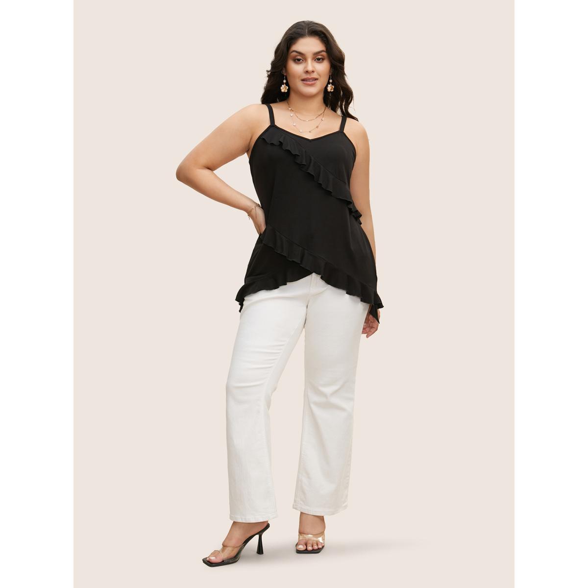 Plus Size Solid Patchwork Ruffle Trim Adjustable Straps Cami Top Women Black Elegant Patchwork V-neck Everyday Tank Tops Camis BloomChic 14-16/1X Product Image
