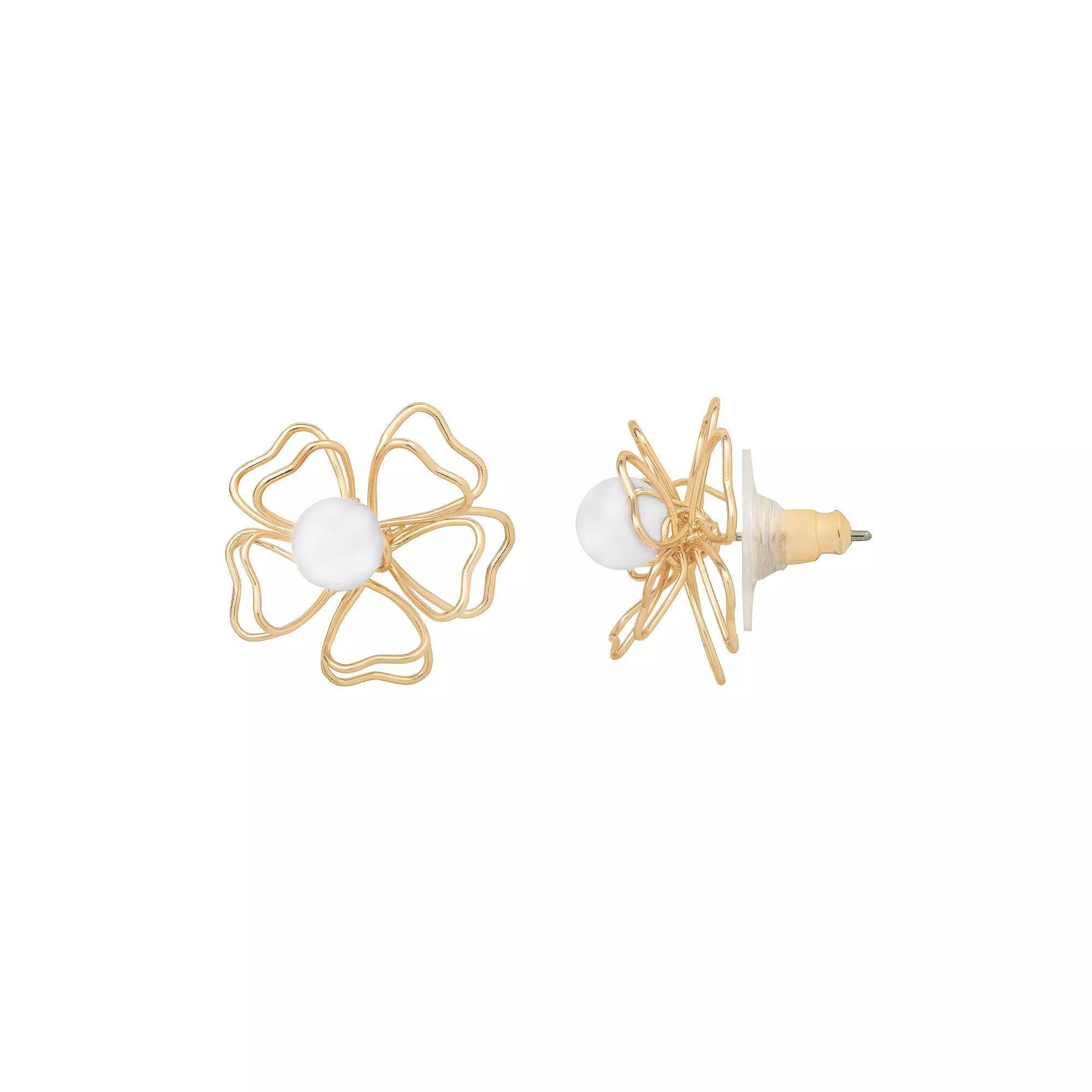 Emberly Gold Tone White Bead Wire Flower Post Earrings, Women's Product Image