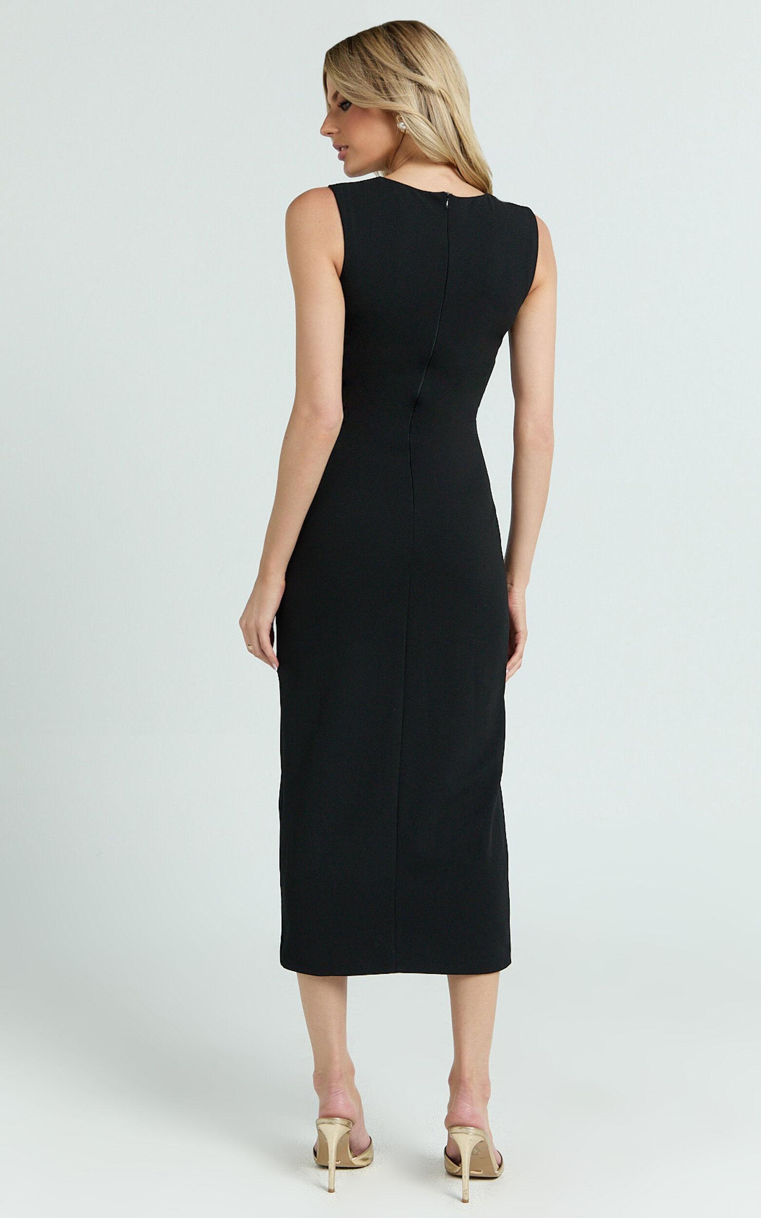 Stella Midi Dress - Square Neck Cap Sleeve Fitted Dress in Black Product Image