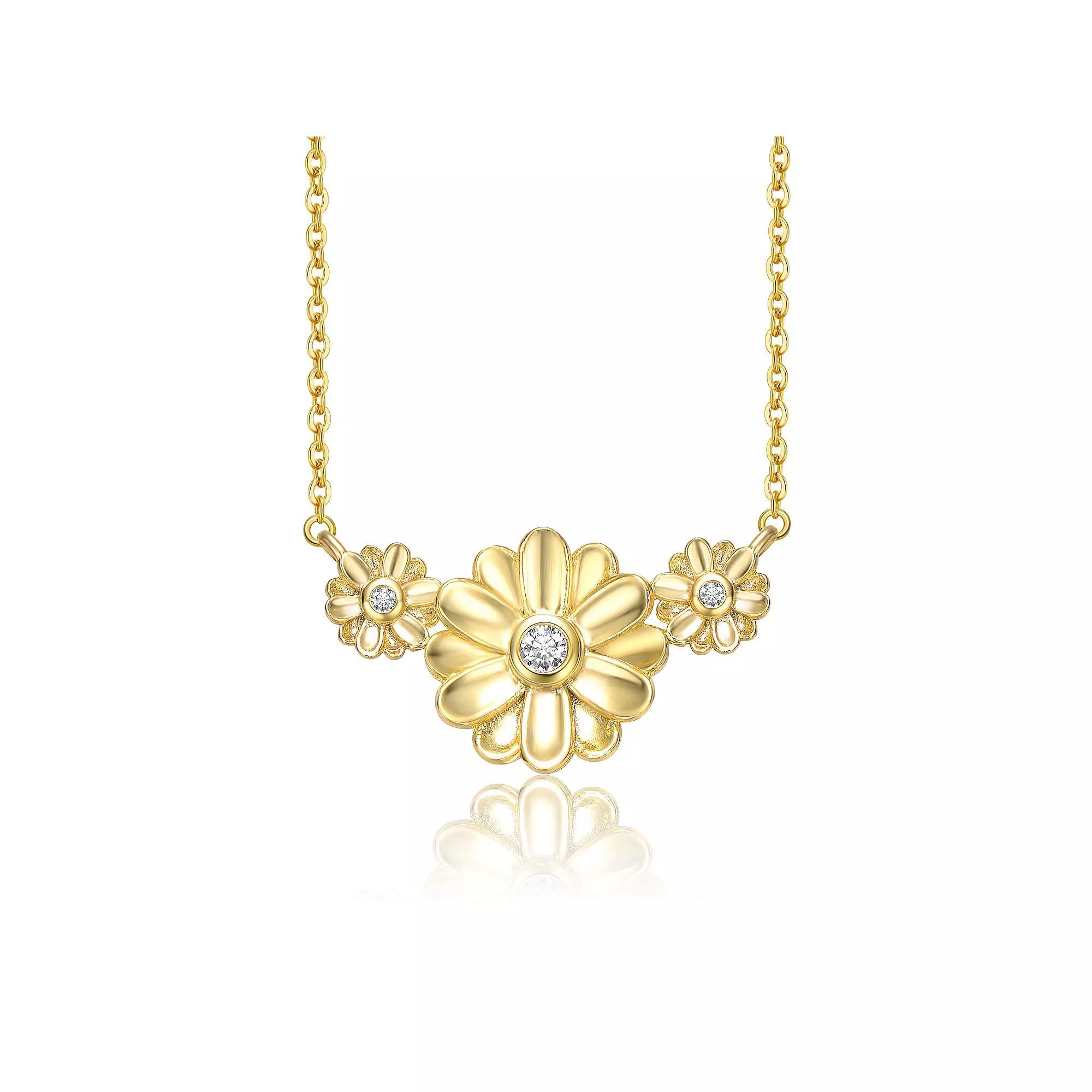 14k Gold Plated Cubic Zirconia Triple Daisy Chevron Pendant Necklace, Womens Gold Tone Product Image