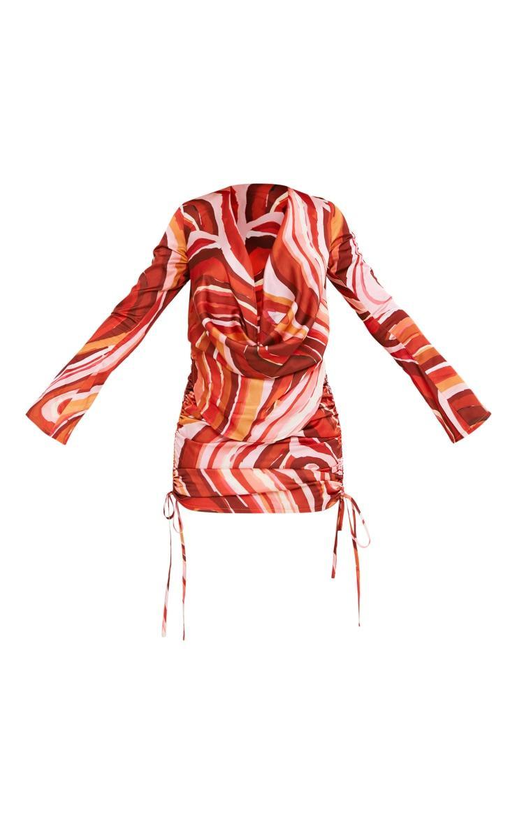 Orange Swirl Print Satin Extreme Cowl Ruched Long Sleeve Bodycon Dress Product Image