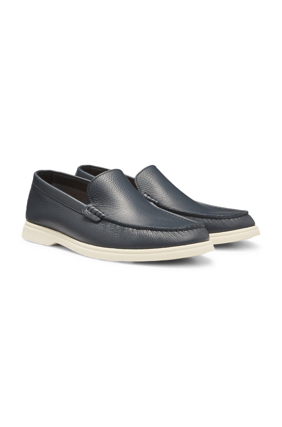 BOSS - Tumbled-leather moccasins with logo detail - Dark Blue Product Image
