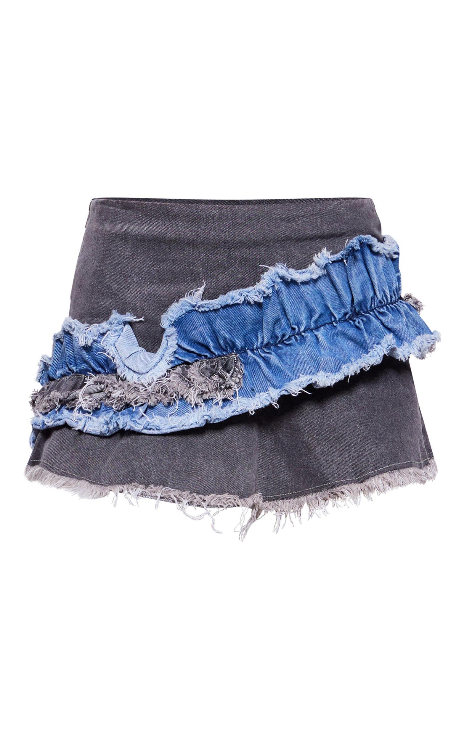 Washed Grey Double Layered Denim Mini Skirt Product Image