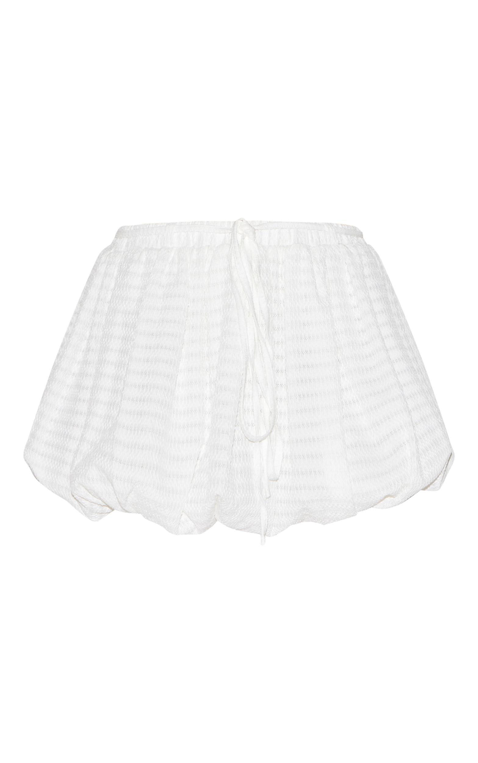 White Textured Tie Waist Detail Puffball Mini Skirt Product Image